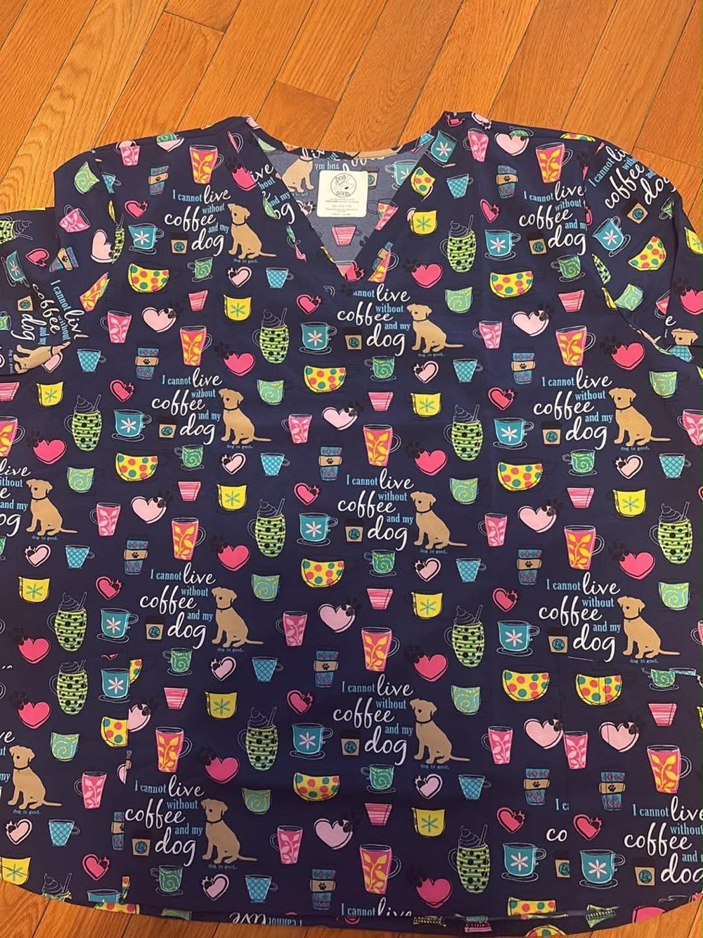 Navy Graphic Short Sleeve V-Neck Top with Coffee & Dog Print